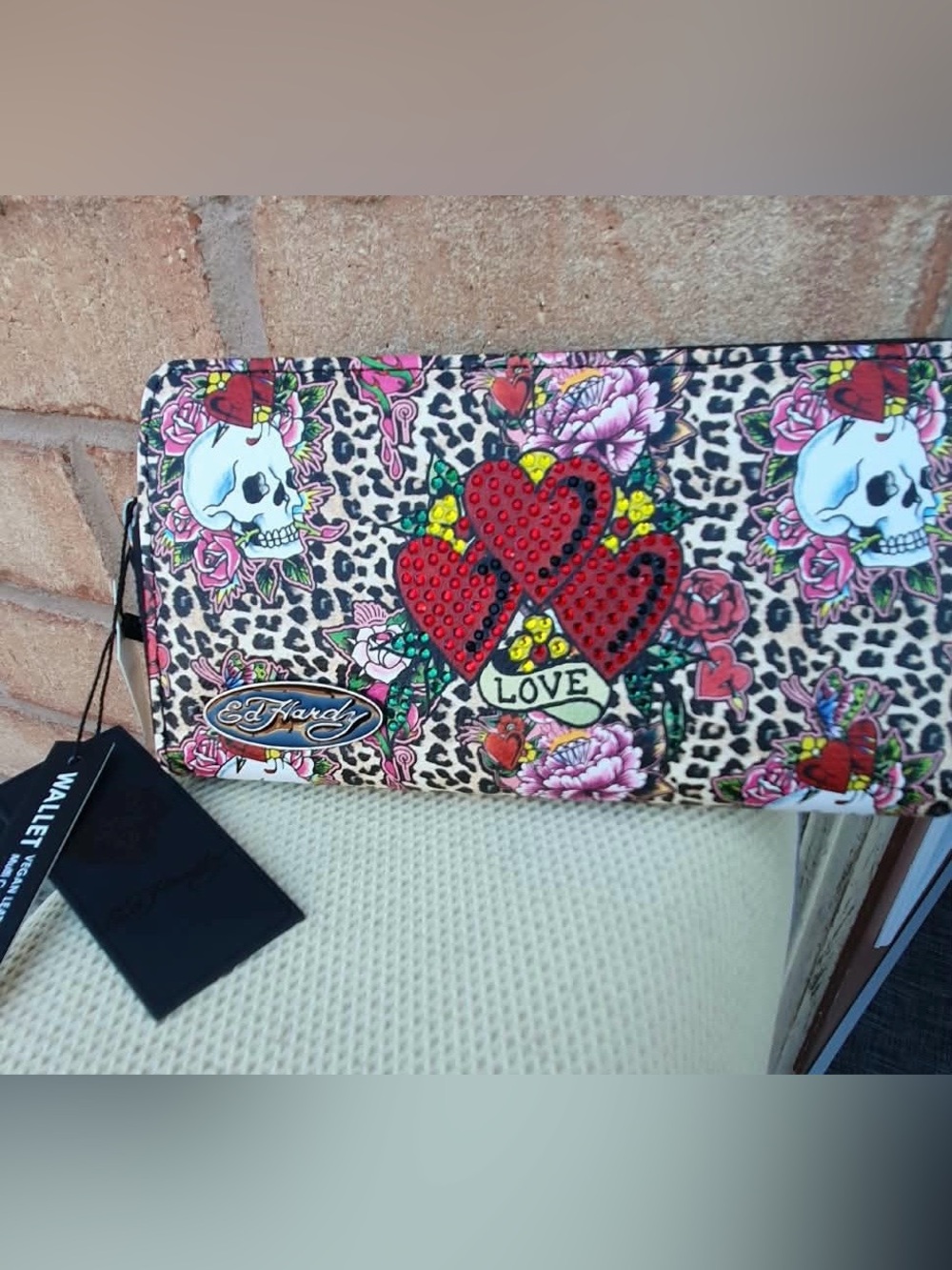 💀 Ed Hardy Leopard Print Wallet with Red Studded Heart & Floral Tattoo Art